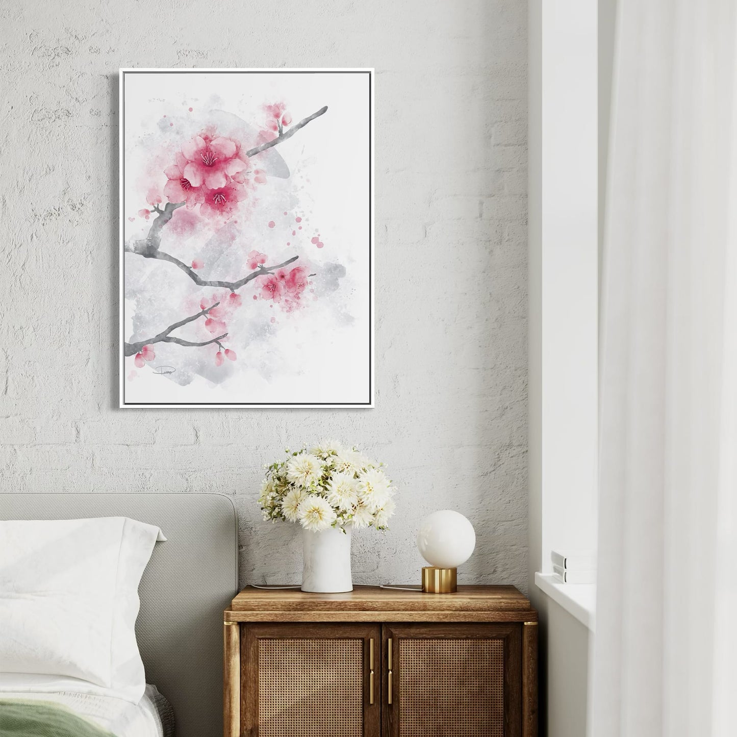 Cherry Blossoms Watercolor Painting (Framed Canvas)