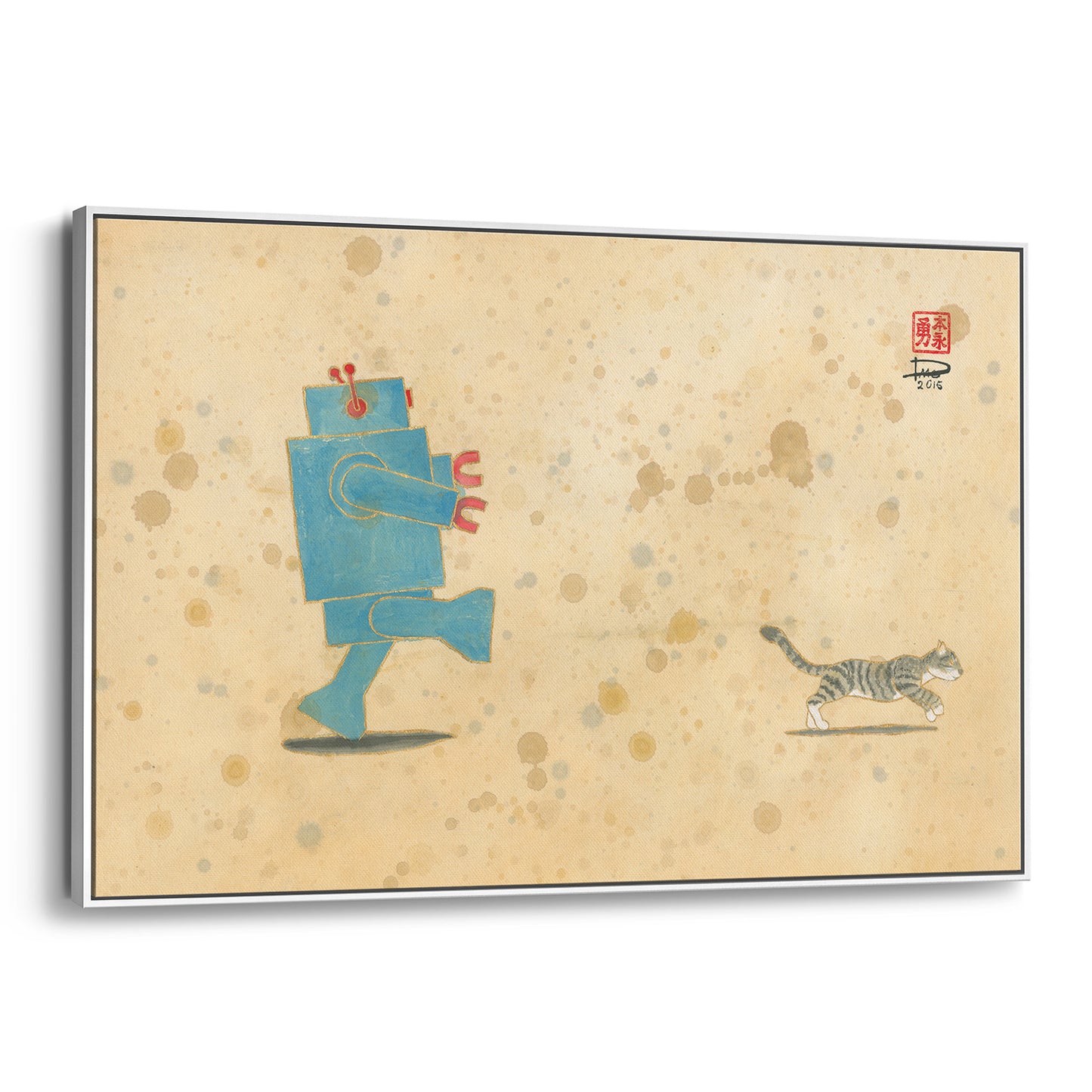Run, Xander, Run! Robot Loves Kitty (Framed Canvas)