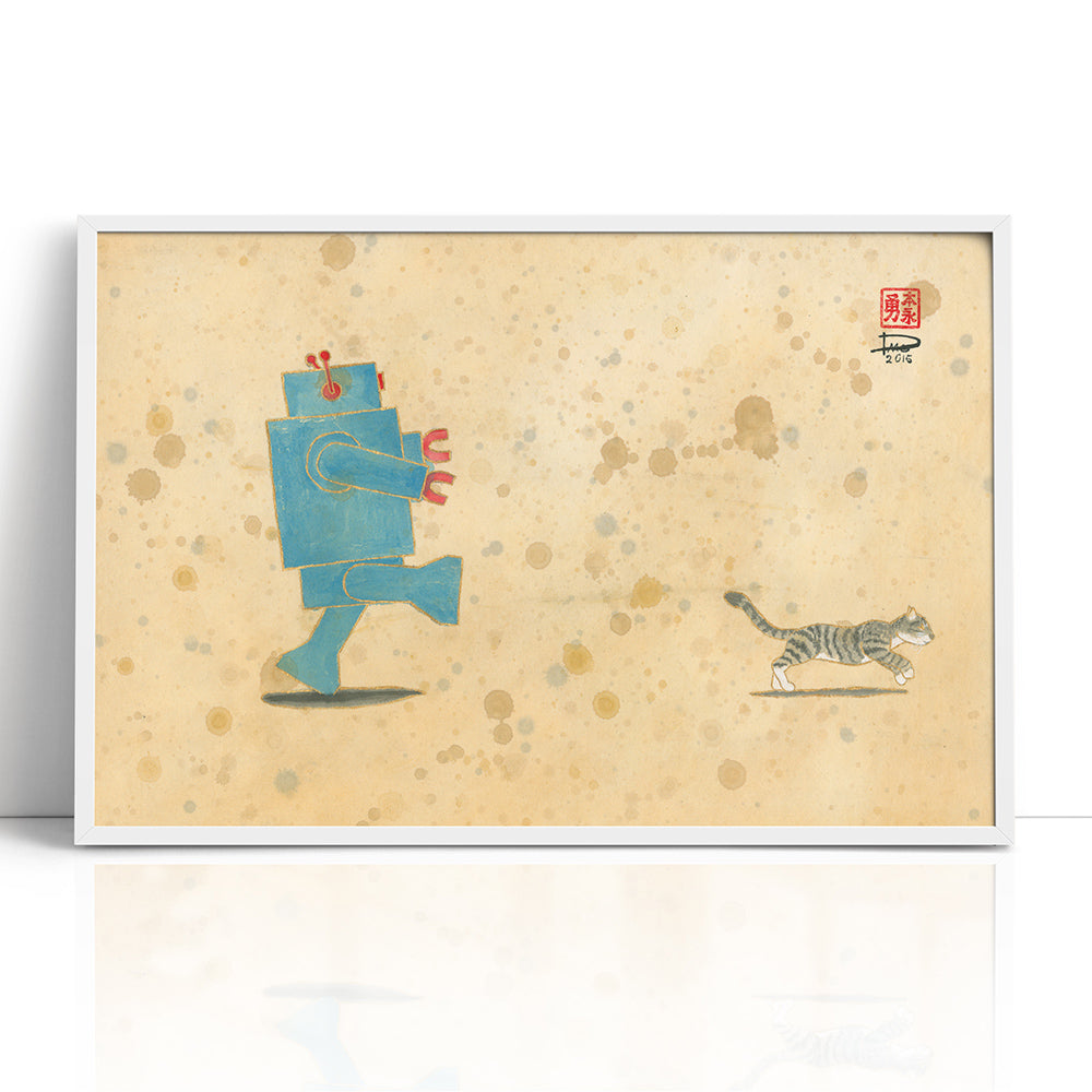 Run, Xander, Run! Robot Loves Kitty (Framed Paper Print)