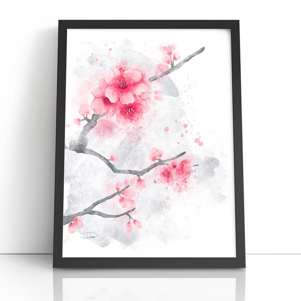 Cherry Blossoms Watercolor Painting (Framed Paper Print)