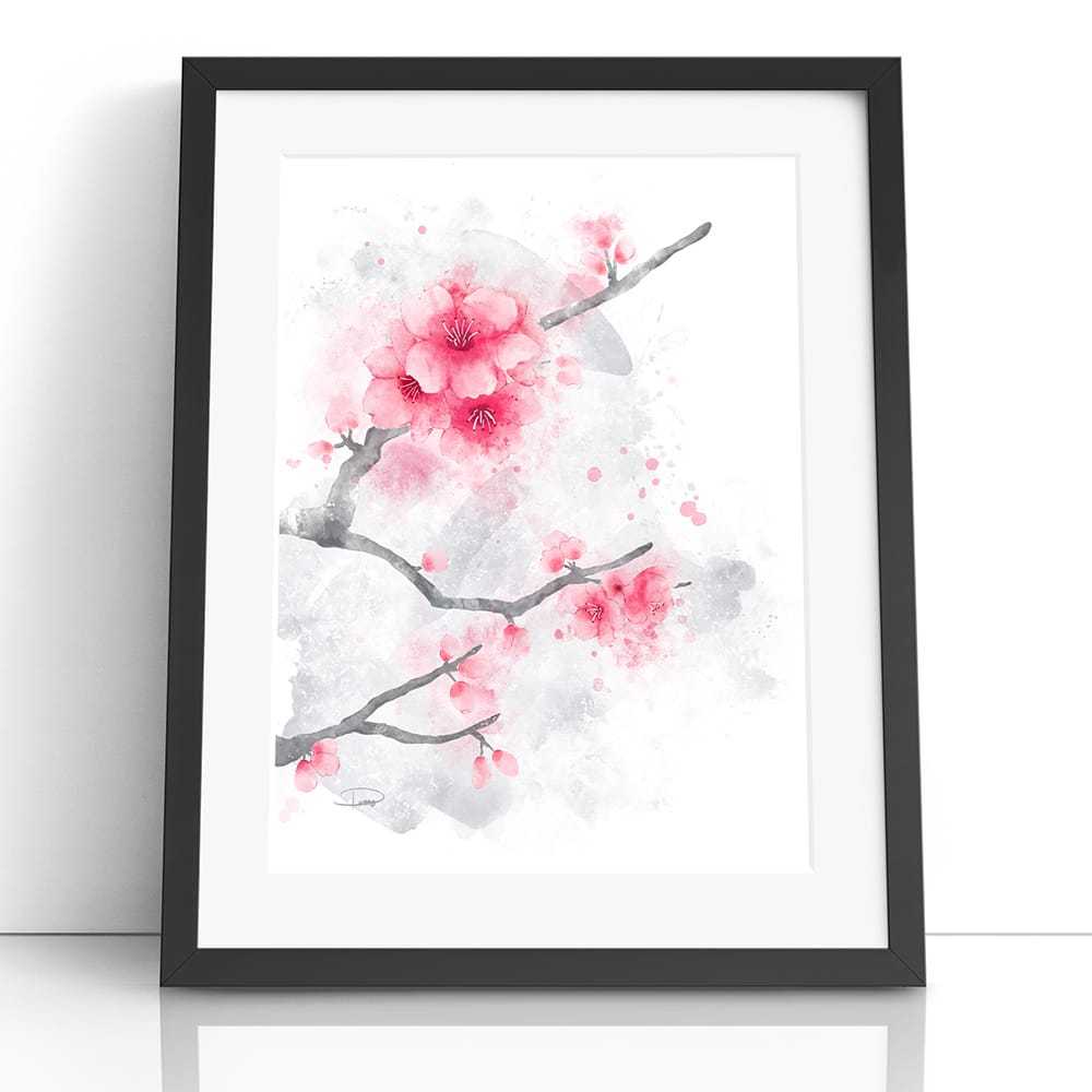 Cherry Blossoms Watercolor Painting (Framed Paper Print)