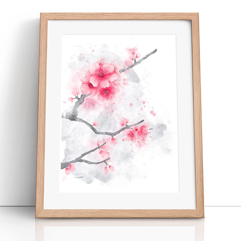 Cherry Blossoms Watercolor Painting (Framed Paper Print)