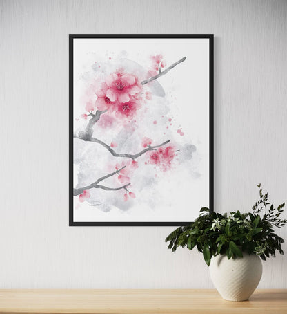 Cherry Blossoms Watercolor Painting (Framed Canvas)