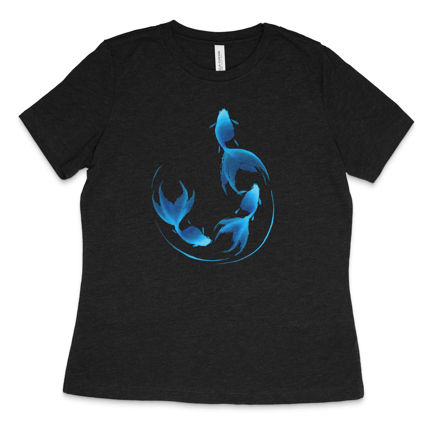 Black t-shirt with blue colored graphic design of 3 goldfish in a semi-circular shape done in sumi-e painting style against a white background