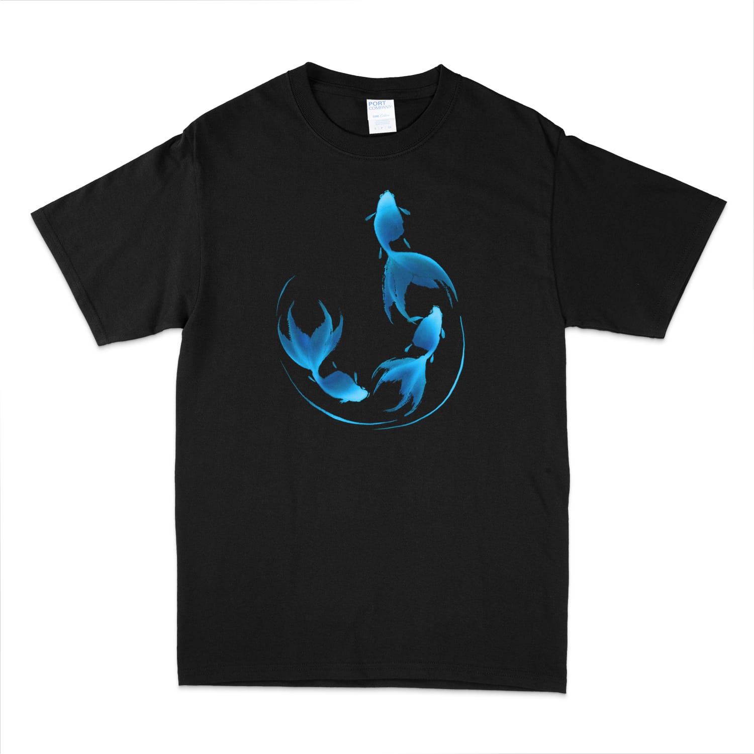 Black t-shirt with blue colored graphic design of 3 goldfish in a semi-circular shape done in sumi-e painting style against a white background