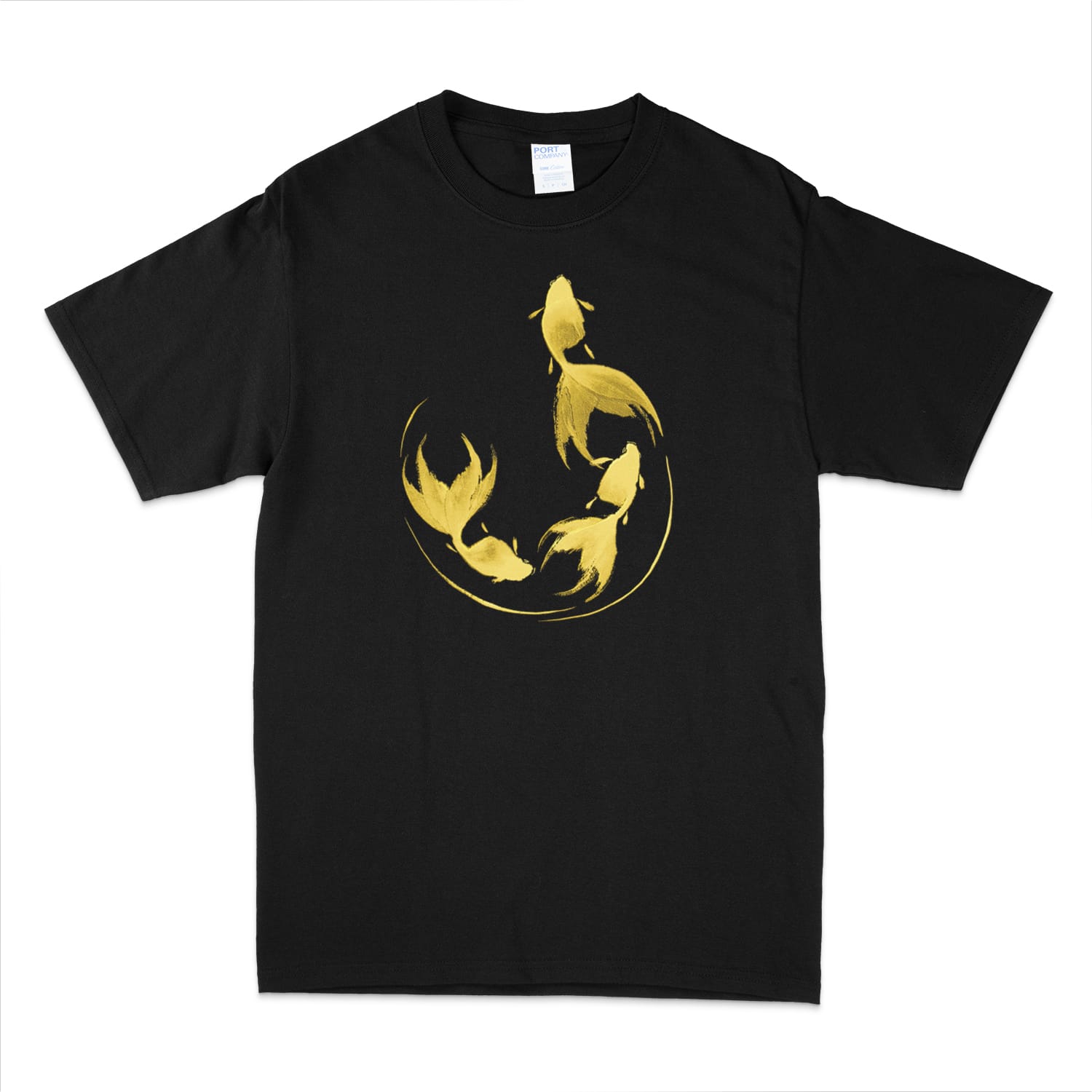 Black t-shirt with gold colored graphic design of 3 goldfish in a semi-circular shape done in sumi-e painting style against a white background