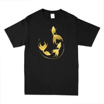 Black t-shirt with gold colored graphic design of 3 goldfish in a semi-circular shape done in sumi-e painting style against a white background