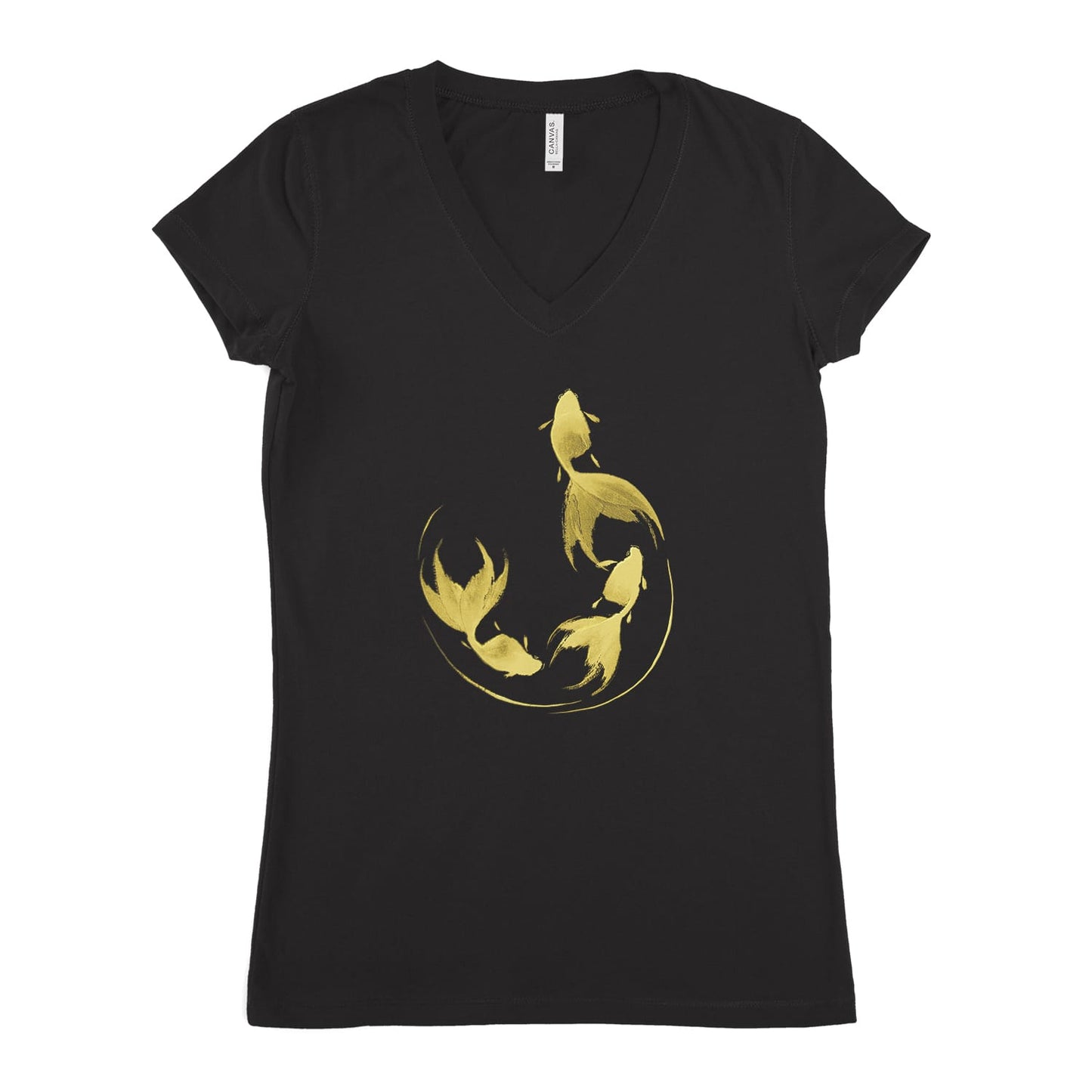 Women's black t-shirt with gold colored graphic design of 3 goldfish in a semi-circular shape done in sumi-e painting style against a white background