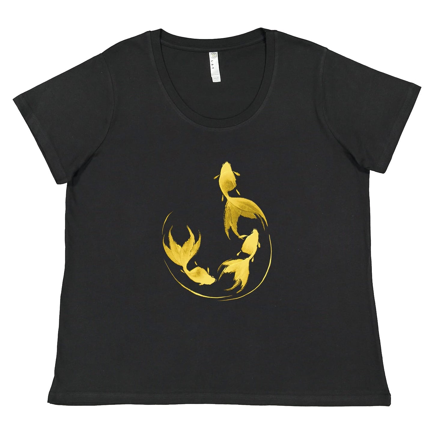 Black t-shirt with gold colored graphic design of 3 goldfish in a semi-circular shape done in sumi-e painting style against a white background