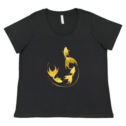 Black t-shirt with gold colored graphic design of 3 goldfish in a semi-circular shape done in sumi-e painting style against a white background