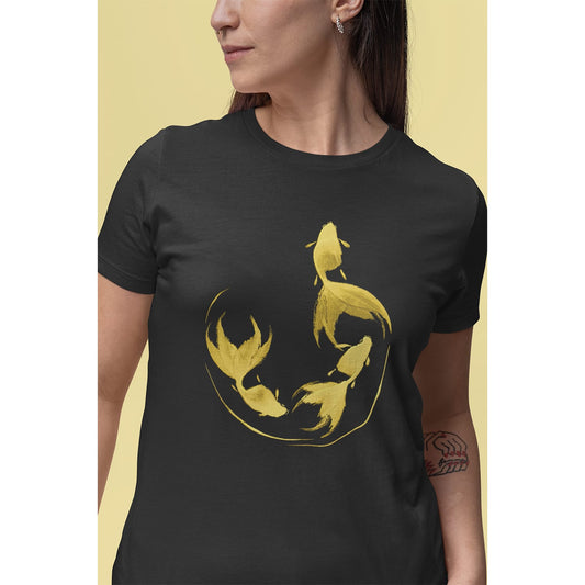 Goldfish Sumi-e Style in Gold T-shirt - Women's Styles