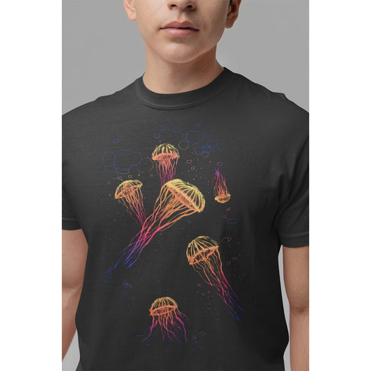 Jellyfish Sumi-e Style in Rainbow T-shirt - Mens/Unisex