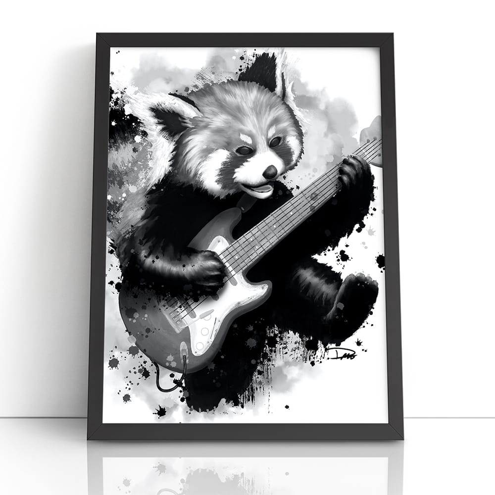 Rocking Red Panda Guitar Jump (Framed Paper Print)