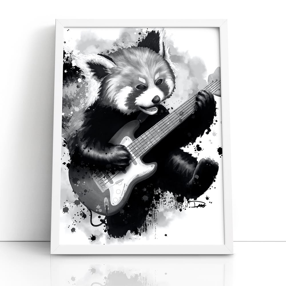 Rocking Red Panda Guitar Jump (Framed Paper Print)