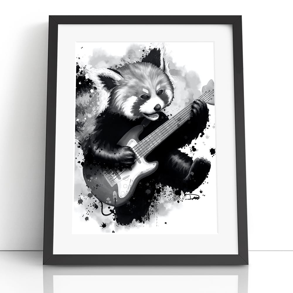 Rocking Red Panda Guitar Jump (Framed Paper Print)