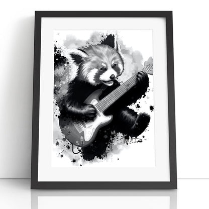Rocking Red Panda Guitar Jump (Framed Paper Print)