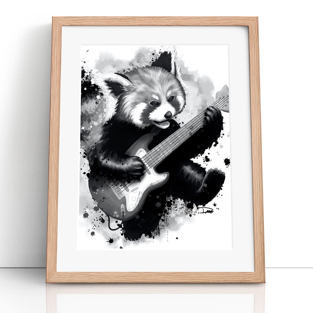 Rocking Red Panda Guitar Jump (Framed Paper Print)