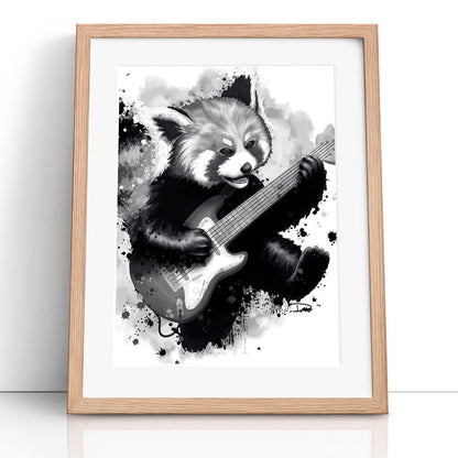 Rocking Red Panda Guitar Jump (Framed Paper Print)