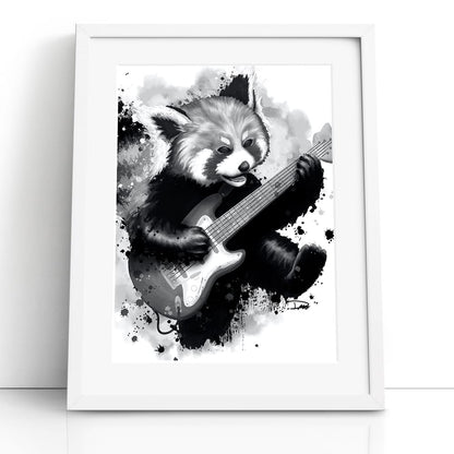 Rocking Red Panda Guitar Jump (Framed Paper Print)