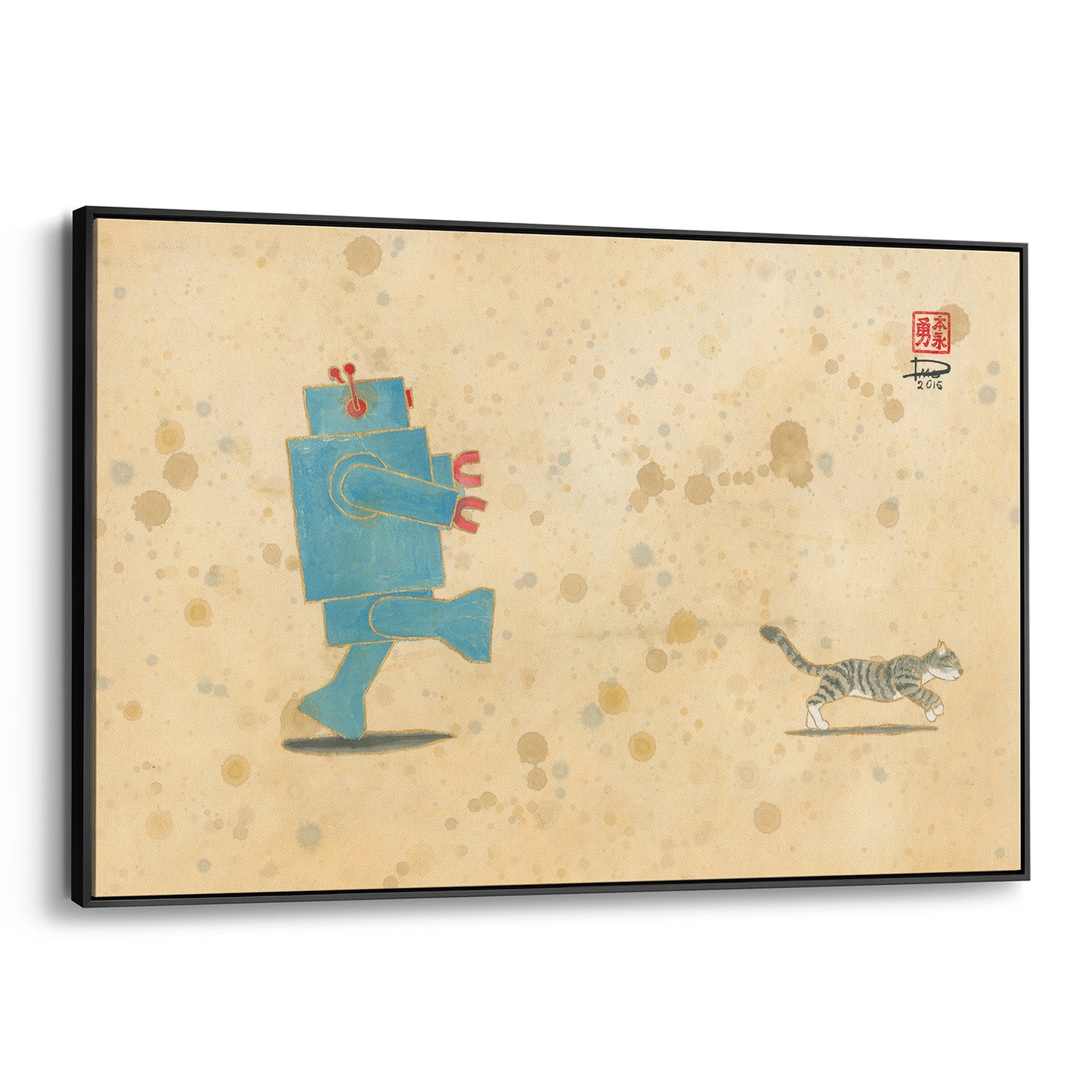 Run, Xander, Run! Robot Loves Kitty (Framed Canvas)