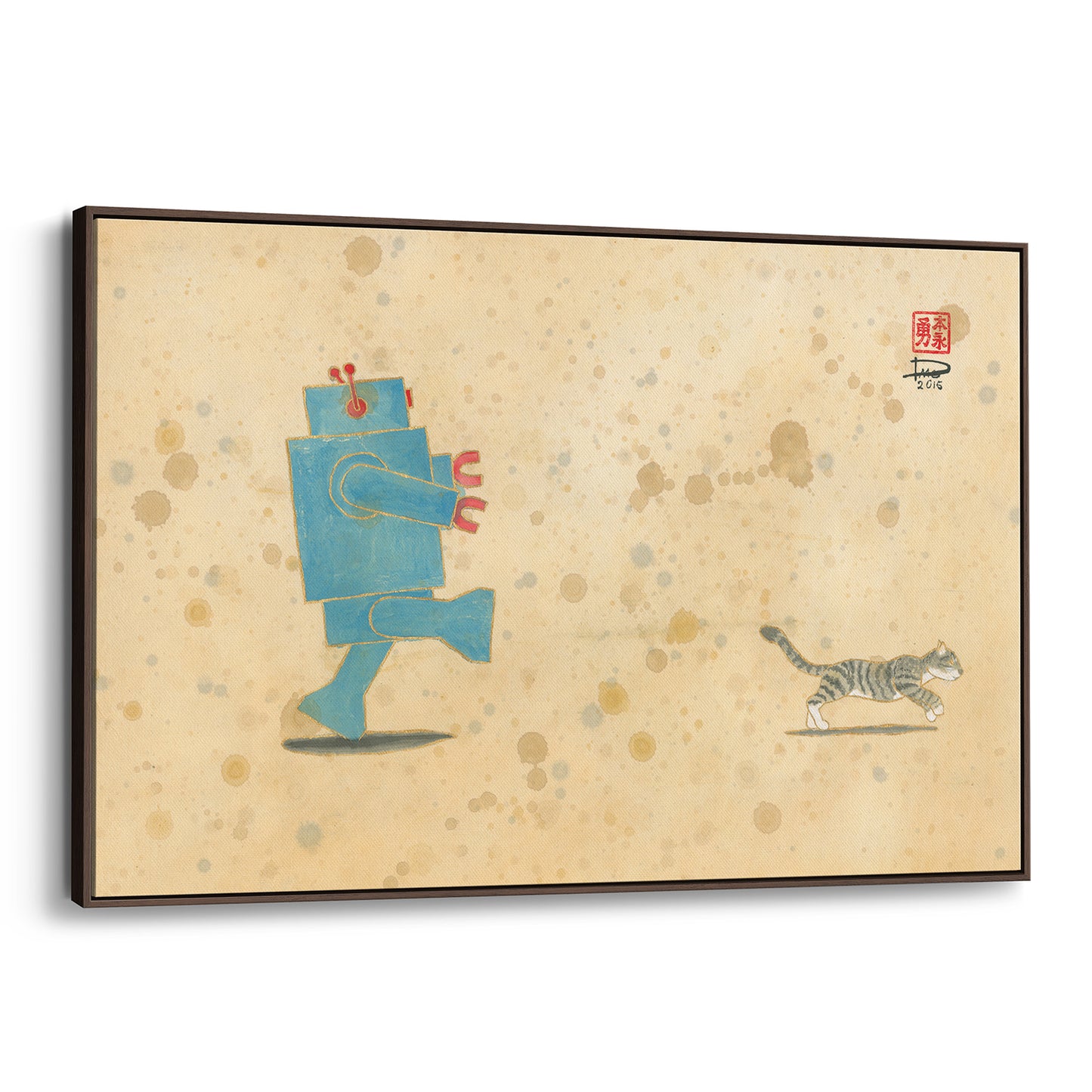Run, Xander, Run! Robot Loves Kitty (Framed Canvas)