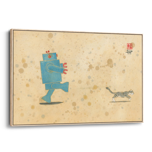Run, Xander, Run! Robot Loves Kitty (Framed Canvas)