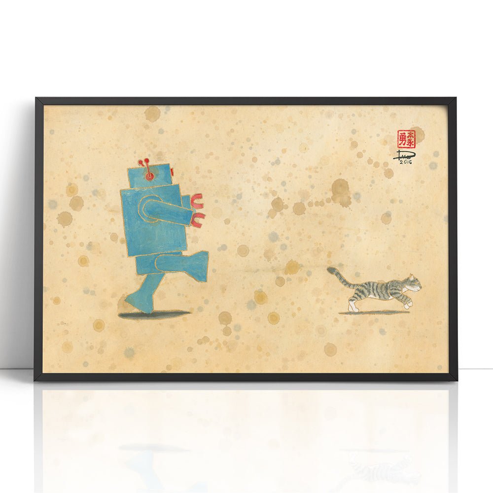 Run, Xander, Run! Robot Loves Kitty (Framed Paper Print)