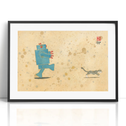 Run, Xander, Run! Robot Loves Kitty (Framed Paper Print)