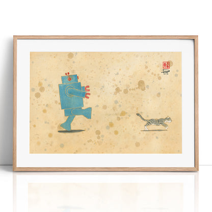 Run, Xander, Run! Robot Loves Kitty (Framed Paper Print)