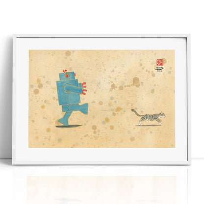 Run, Xander, Run! Robot Loves Kitty (Framed Paper Print)