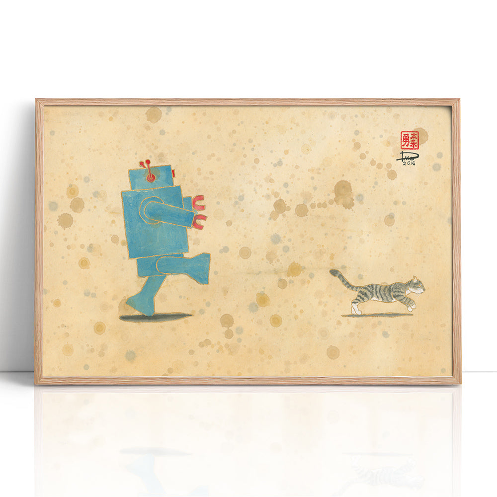 Run, Xander, Run! Robot Loves Kitty (Framed Paper Print)